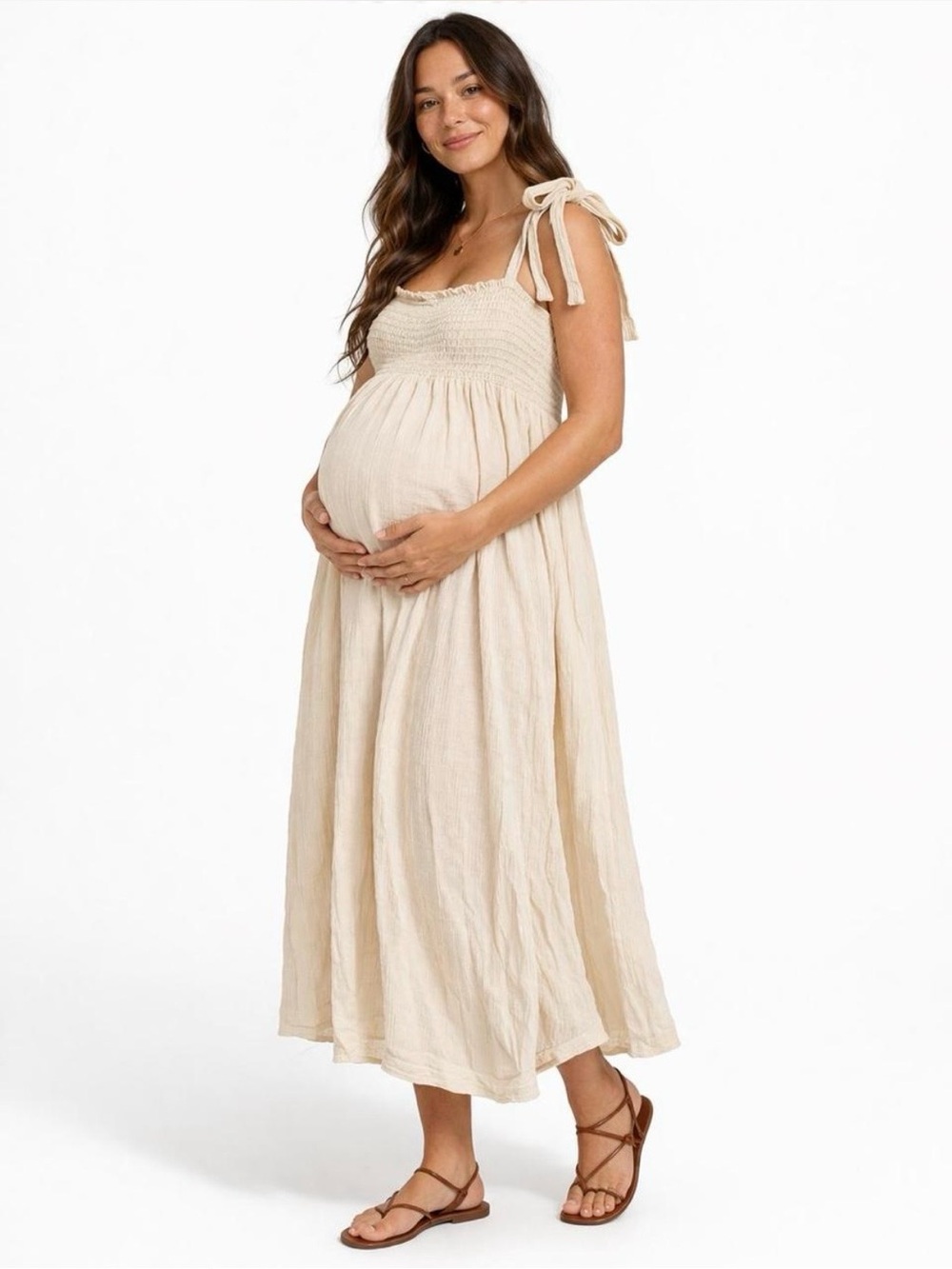 Hello Miz Cream Smocked Tie Strap Maternity Midi Dress Size Medium